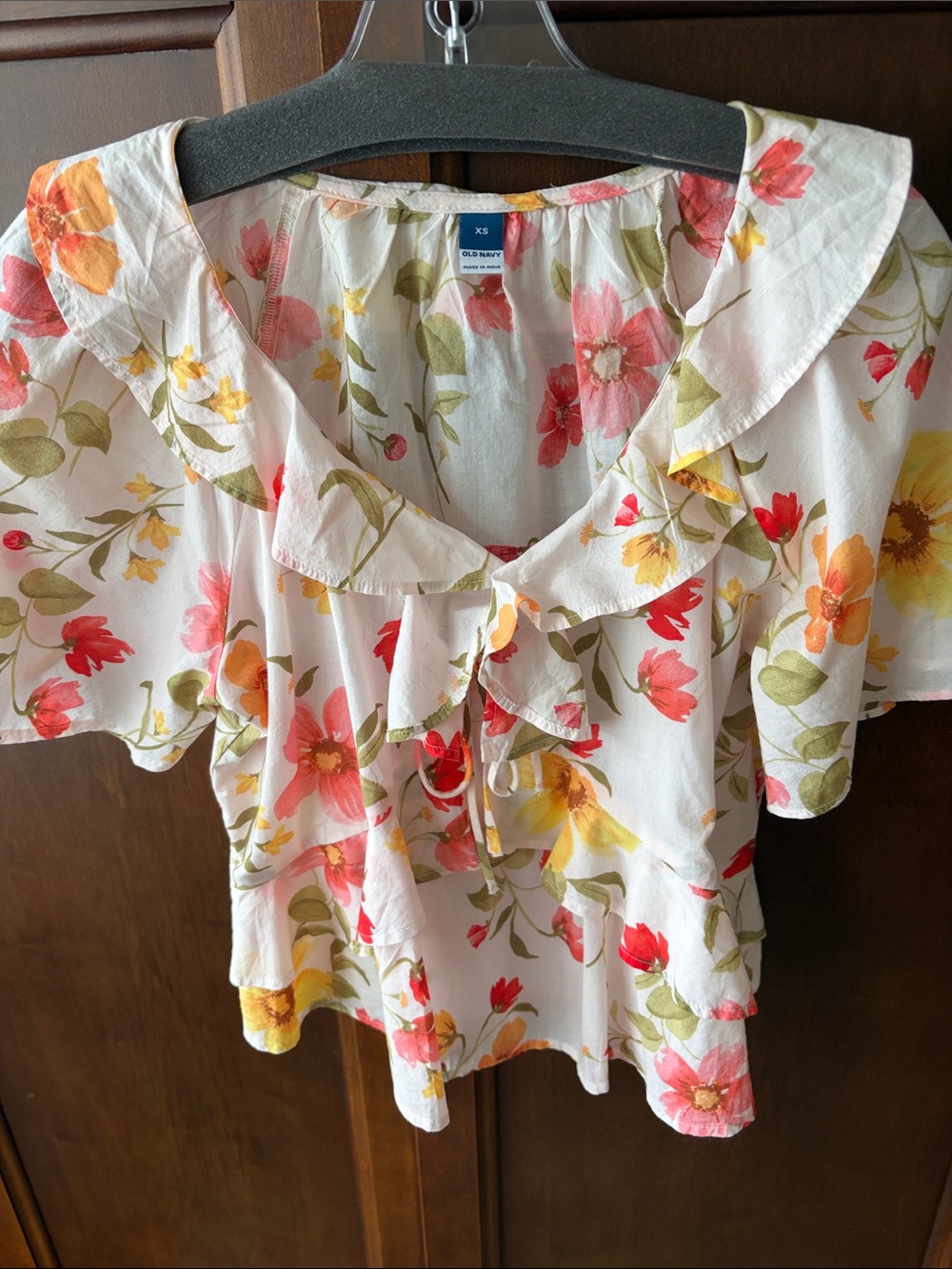 Old Navy White Floral Ruffle Tie-Front Blouse